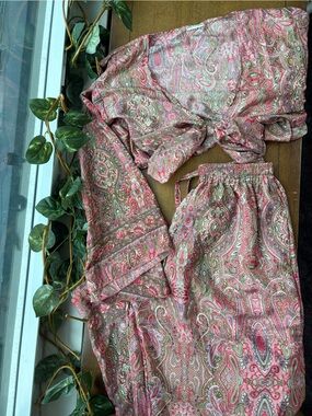 Cynthia Mehra Boho Paisley 2-Piece Set | Wrap Tie Top & Wide Leg Pants | Resort